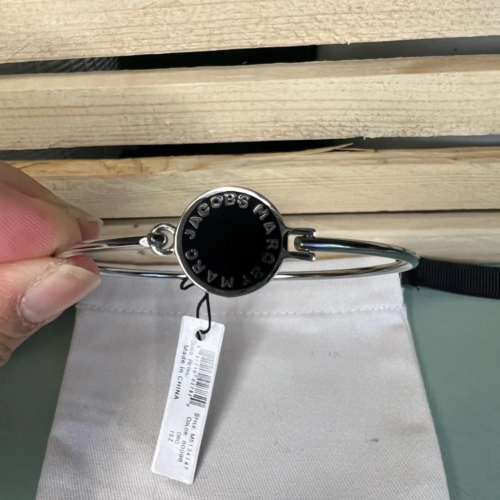 Marc by Marc Jacobs Silver Thin Bangle with Black Logo Disc